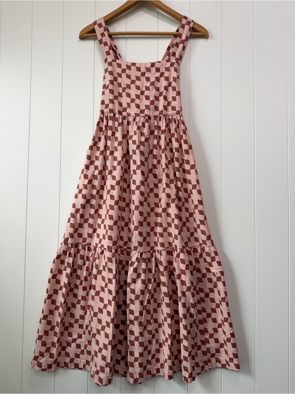Madewell Cicely Tiered Midi Dress in Geo Checkerboard Pink Square Neck Size 8 M - Picture 1 of 10